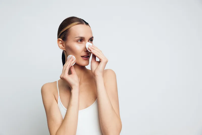 Young woman with clear skin removing makeup with cotton pads, skincare routine, clean face, natural beauty, white background, minimalistic style, soft lighting