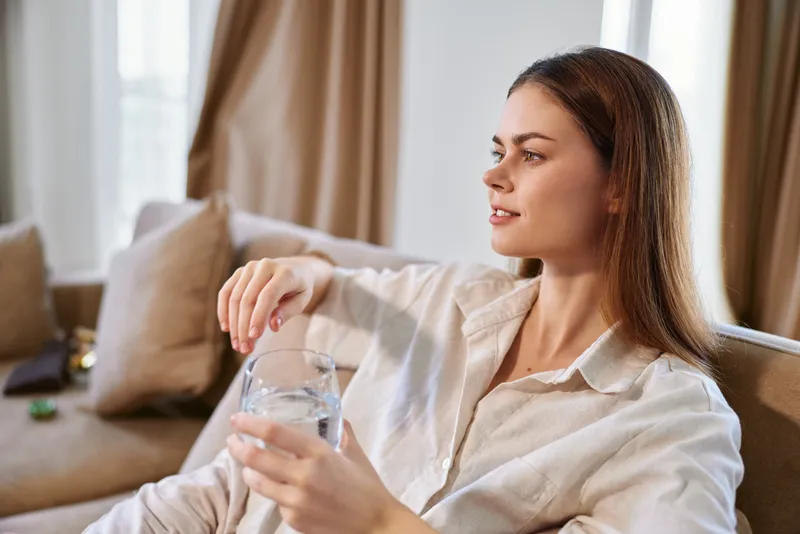 Woman on sofa holding a glass of water at home, relaxing and looking out a window in a cozy livingroom. Casual shirt, natural light and comfortable interior for calm leisure.