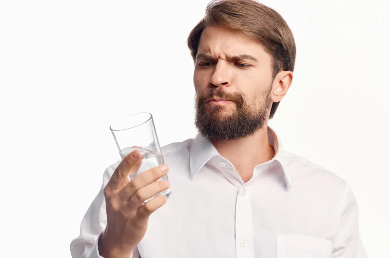 Бородатый мужчина заботится о здоровье, чистая вода, изолированный фон