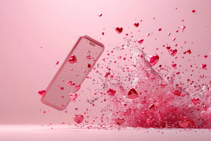 Мобильный телефон iPhone с падающими сердечками на розовом фоне с водяными брызгами