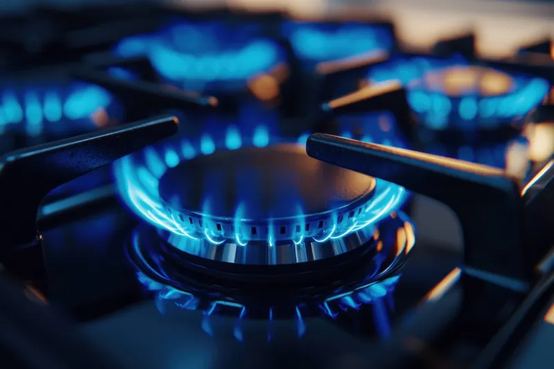 Крупный план синего пламени на газовой плите, подчеркивающий энергию приготовления пищи, дизайн кухни и современную эстетику дома для кулинарных энтузиастов или тем, связанных с энергоэффективностью