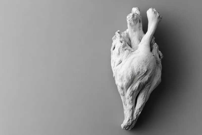 Уникальный кусок белого коряги в форме сердца, размещенный на минималистичном сером фоне