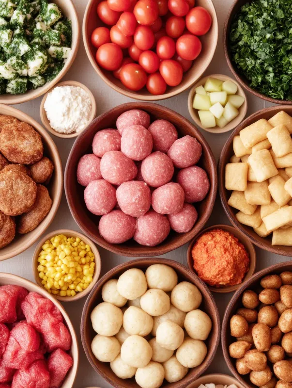 Визуально привлекательная демонстрация питательных продуктов, включающая яркие помидоры, зелень и различные источники белка, идеально подходящая для концепций здорового питания и приготовления еды