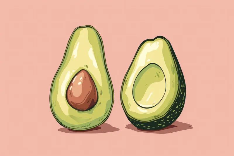 Яркая иллюстрация авокадо на розовом фоне со словом «avocado»
