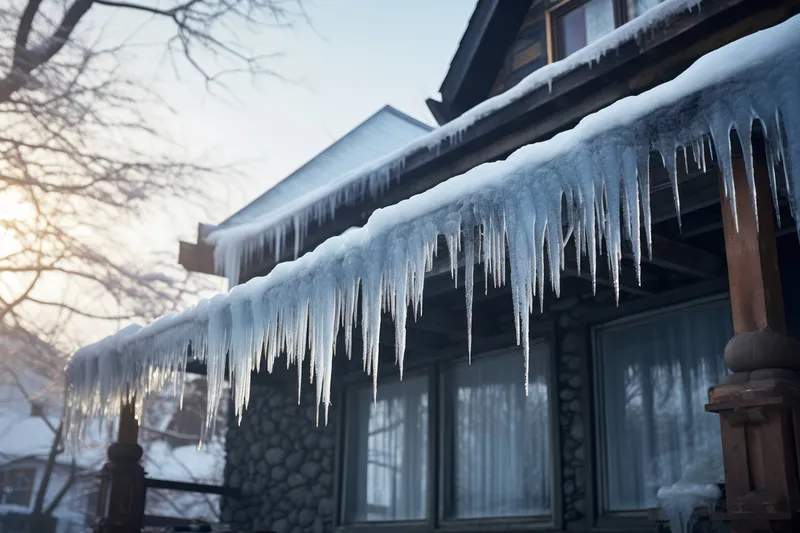 Замороженная природа: прозрачные сосульки и лед на фоне снега и зимнего инея