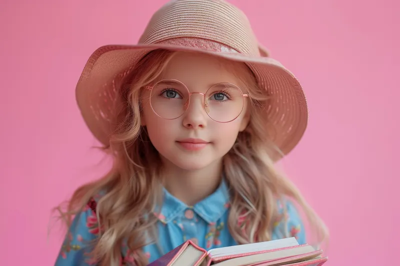 Юная девушка в стильной шляпе и очках держит книгу, стоя на фоне ярко-розового фона