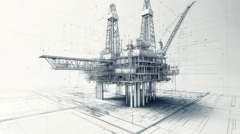 Впечатляющая 3D-иллюстрация нефтяной буровой платформы, подчеркивающая ее сложную инженерию, промышленные элементы и вид с высоты птичьего полета, подходящая для тем энергетики и технологий