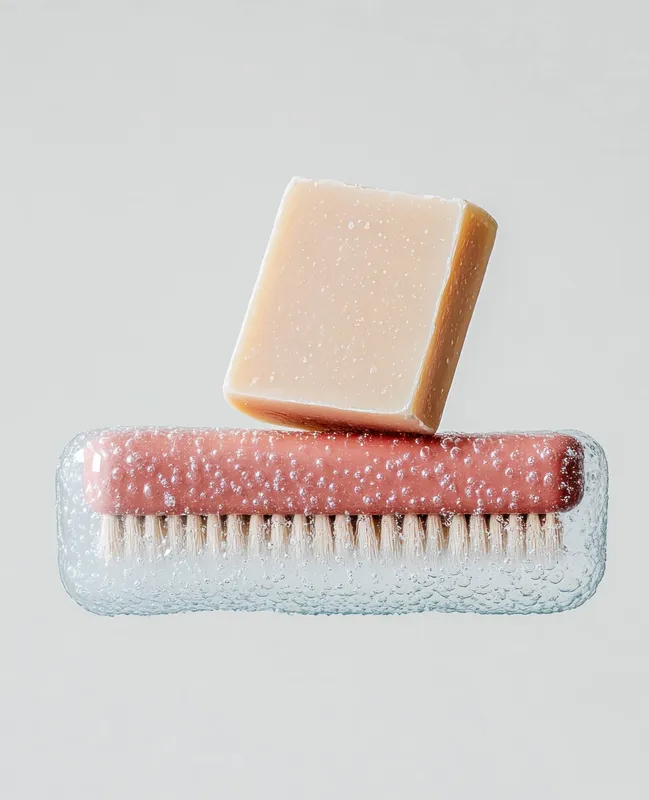 Безмятежная плоская композиция в стиле beauty с куском мыла, силиконовой щеткой для очищения и пузырьками на светлом фоне, идеально подходит для тем ухода за кожей и заботы о себе