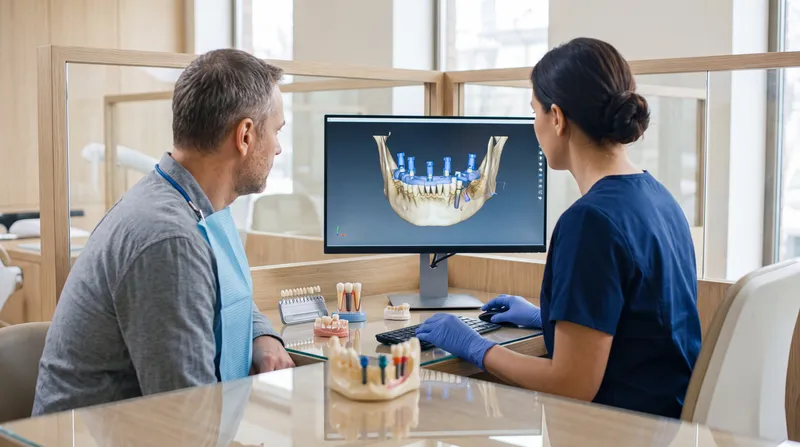 Стоматолог представляет пациенту 3D-план имплантации в современном кабинете, что передает идею передового стоматологического планирования и принятия обоснованных решений