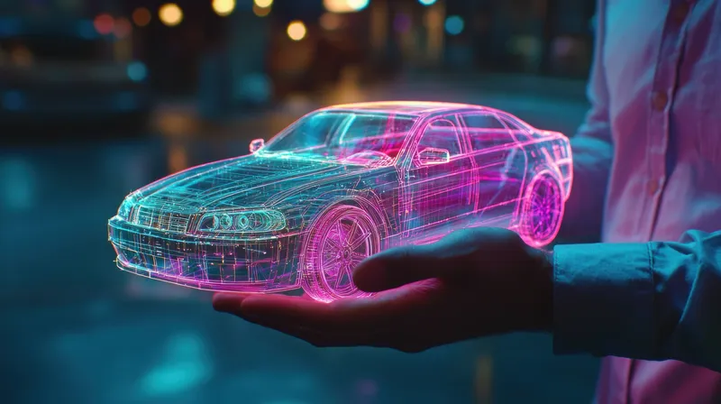 Футуристическая 3D-голограмма автомобиля, удерживаемая в руке, демонстрирует яркие неоновые цвета на размытом городском фоне