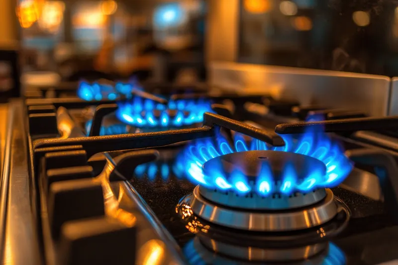 Захватывающий крупный план пламени конфорки газовой плиты на элегантной кухне