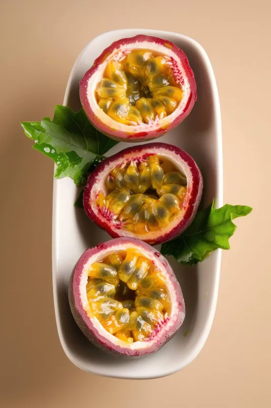 Яркие половинки маракуйи, разложенные на элегантной тарелке, демонстрирующие сочную мякоть и естественные цвета