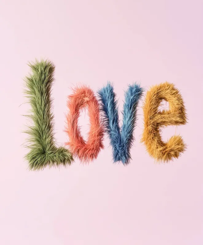 Забавные и яркие буквы LOVE из разноцветного меха на мягком пастельном фоне, отражающие радость, привязанность и креативность