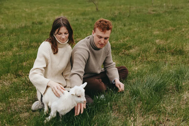A relaxed couple in knit sweaters bonds with a playful goat kid in a sunny field, capturing a simple, candid moment of countryside living and gentle animal companionship.
