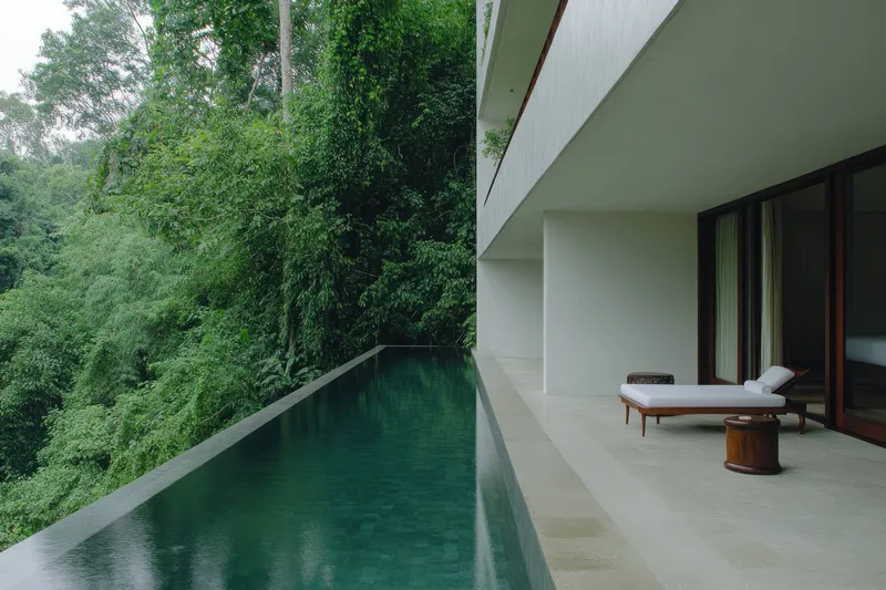 Современный дом с бесконечным бассейном и пышной растительностью, подчеркивающий гармонию с природой, безмятежность и современный образ жизни