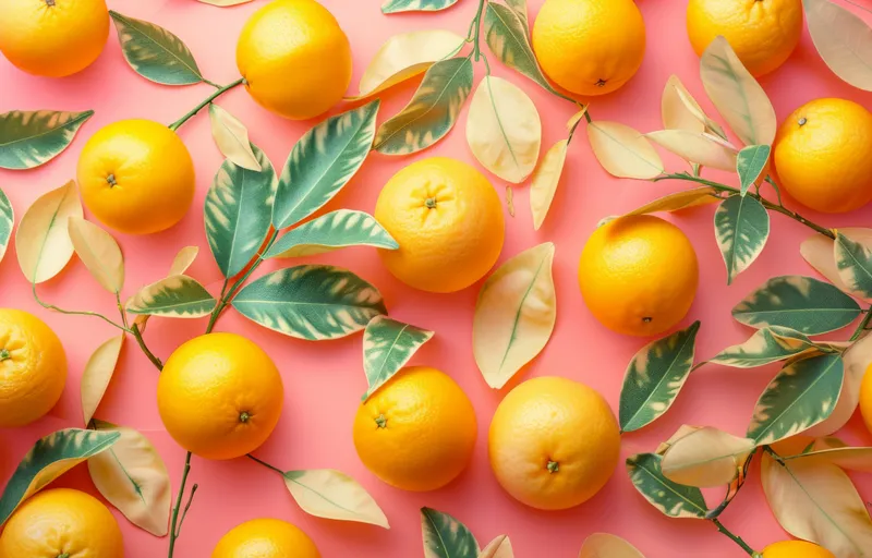 Различные цитрусовые фрукты и листья разложены на розовом фоне, вид сверху, плоская композиция