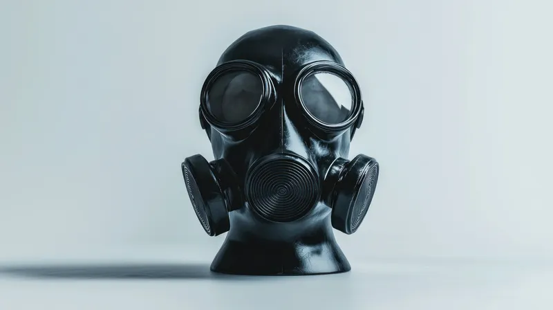 Черный противогаз на светлом фоне, представляющий темы защиты, страха, современных угроз, безопасности и выживания в минималистичном стиле