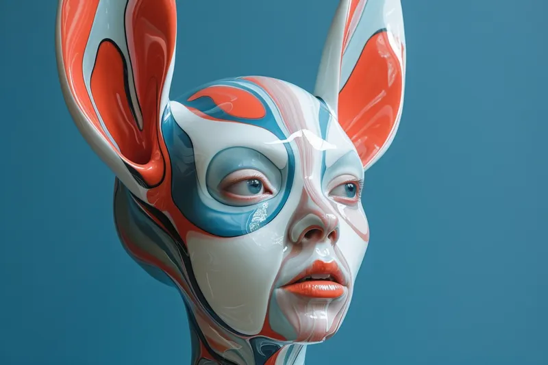 Абстрактная 3D-визуализация женского лица с яркими красными, синими и белыми брызгами и потёками краски