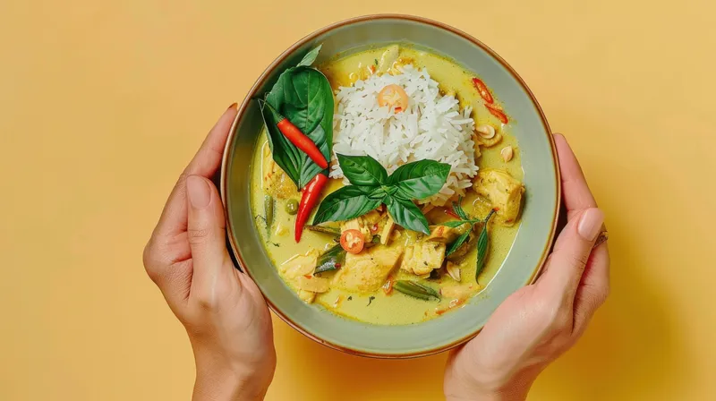 Яркая миска с карри из курицы и рисом, украшенная базиликом и перцем чили, на жизнерадостном желтом фоне
