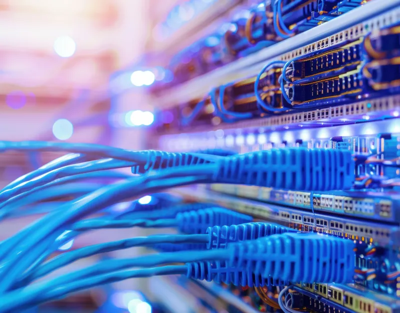 Яркая сетевая установка с синими Ethernet-кабелями, подключенными к серверу, освещенная мягкими синими светодиодными лампами, передающая технологические инновации