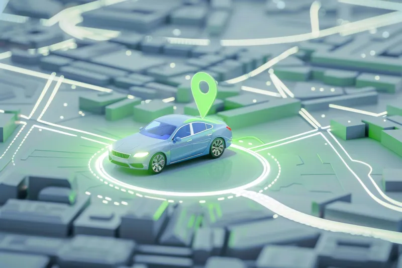 Автомобильная навигация в городской среде с маркером местоположения GPS на карте города, 3D-иллюстрация для концепции путешествий и бизнеса