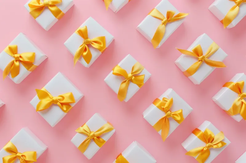 Множество белых подарочных коробок с жёлтыми лентами на розовом фоне, вид сверху, плоская раскладка, копи-пространство