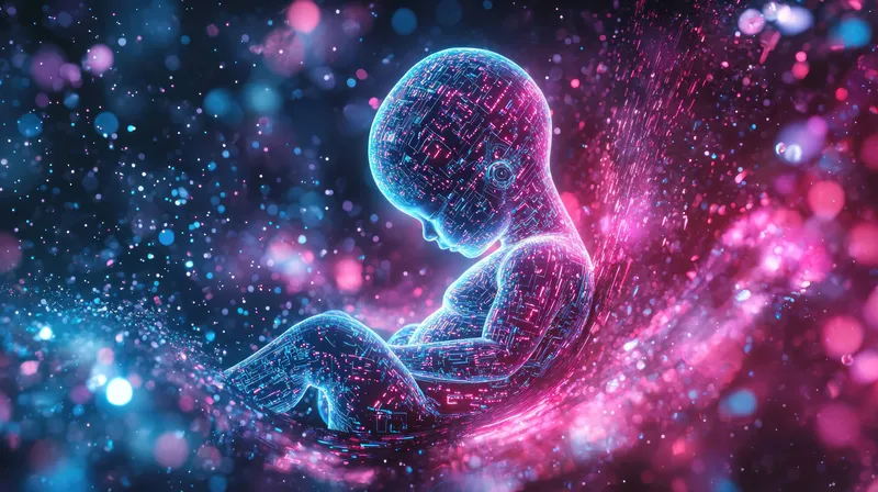 Цифровое изображение плода, окруженного светящимися частицами розовых и голубых оттенков, символизирующее пересечение жизни и технологий