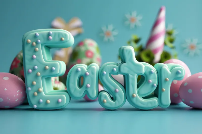 Трехмерное изображение слова Easter, представленное на ярком синем фоне для праздничного оформления
