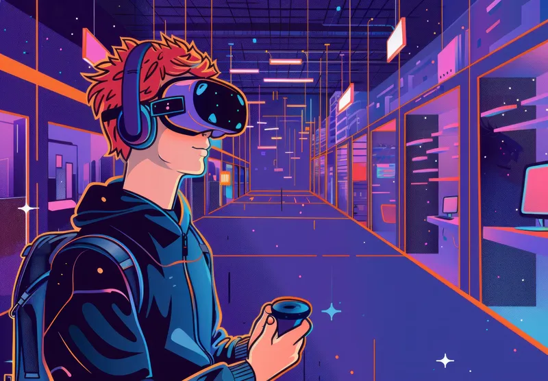 Изображение демонстрирует молодого человека в VR-шлеме, погруженного в виртуальный опыт в технологичном пространстве