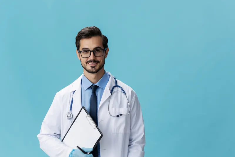 Мужчина-врач в белом халате и очках держит медицинскую карту на синем изолированном фоне