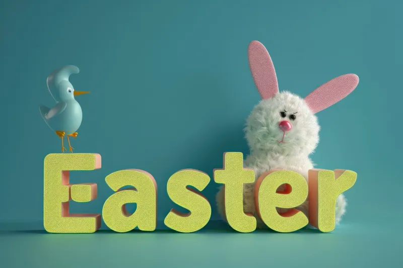Праздничная пасхальная концепция с трехмерной иллюстрацией слов Easter Bunny и птицы на синем фоне
