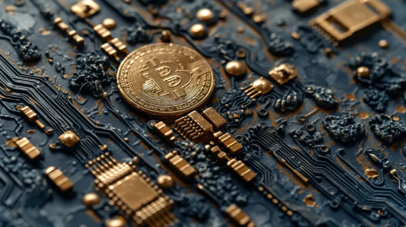Крупный план биткоина на электронной печатной плате с малой глубиной резкости
