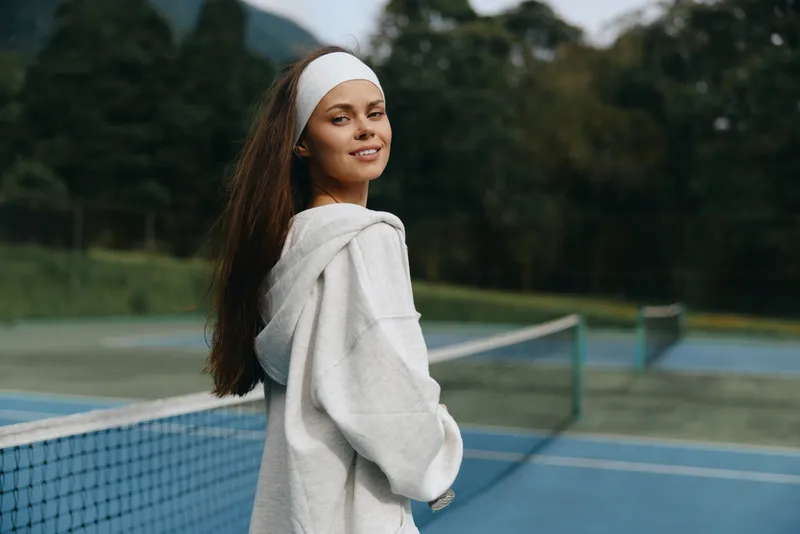 Smiling young athlete in sportswear enjoying outdoor tennis practice on a bright day, showcasing healthy lifestyle and vibrant emotions