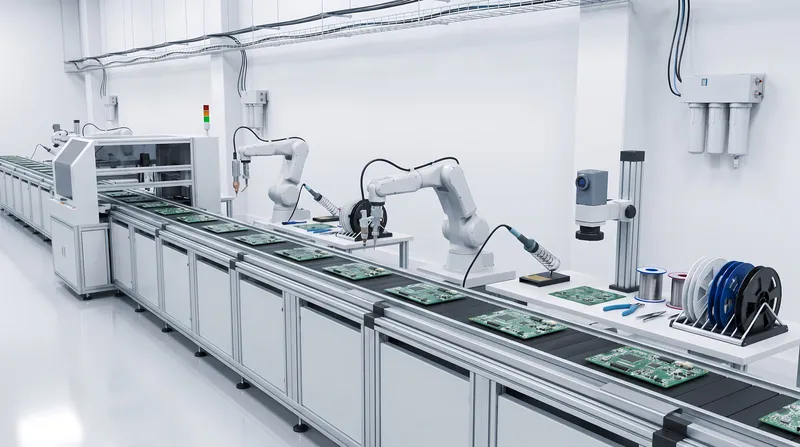 Высокодетализированная реалистичная 3D-визуализация минималистичной сборочной линии печатных плат с роботизированной рукой для установки и обильным незагроможденным негативным пространством для…
