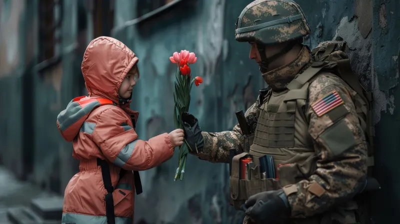 Трогательный жест: юная девушка дарит цветок солдату в трогательный момент благодарности и уважения
