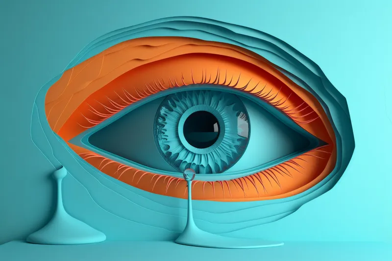 Реалистичное 3D-изображение печального глаза, из которого катится слеза, наполненное эмоциональной глубиной и детализацией, символизирующее боль и грусть