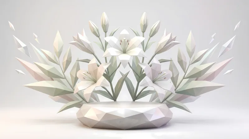Центрированные лилии в стиле low poly с акцентами из жемчужных камней, подходящие для люксового флористического брендинга, упаковки и редакционных заголовков