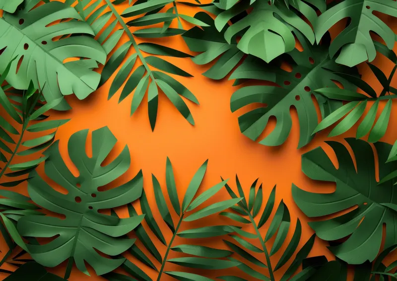 Тропические листья на оранжевом фоне в стиле 3D-бумажного искусства, иллюстрация для вдохновения на летний отпуск и путешествия