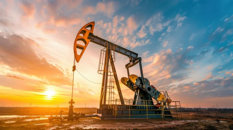 Нефтяная качалка отчетливо возвышается на горизонте в обрамлении потрясающего заката