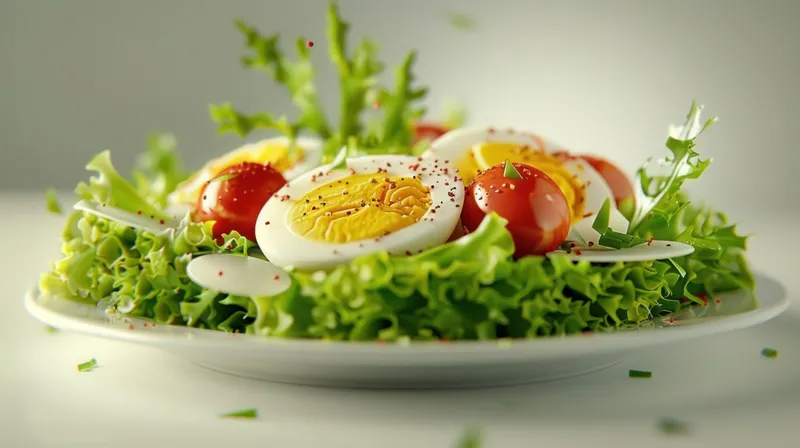 Вкусный яичный салат со свежими овощами, листьями салата и сочными помидорами на белой тарелке