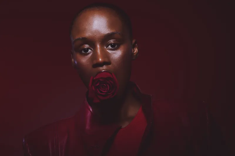Portrait of a dark skinned African woman with shaved head holding a red rose in her mouth against dark red background. Artistic concept of beauty, elegance, and floral symbolism.