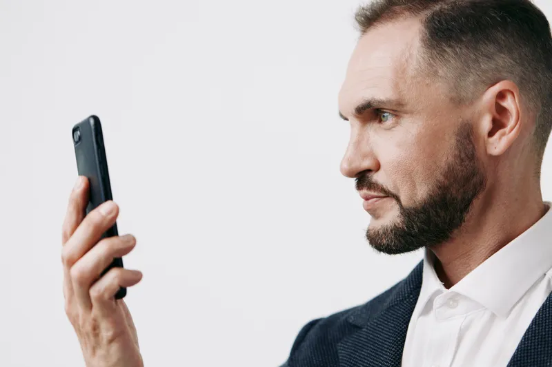 A professional man in business attire, focused on his phone, projecting confidence and thoughtful emotion against an isolated colored background.