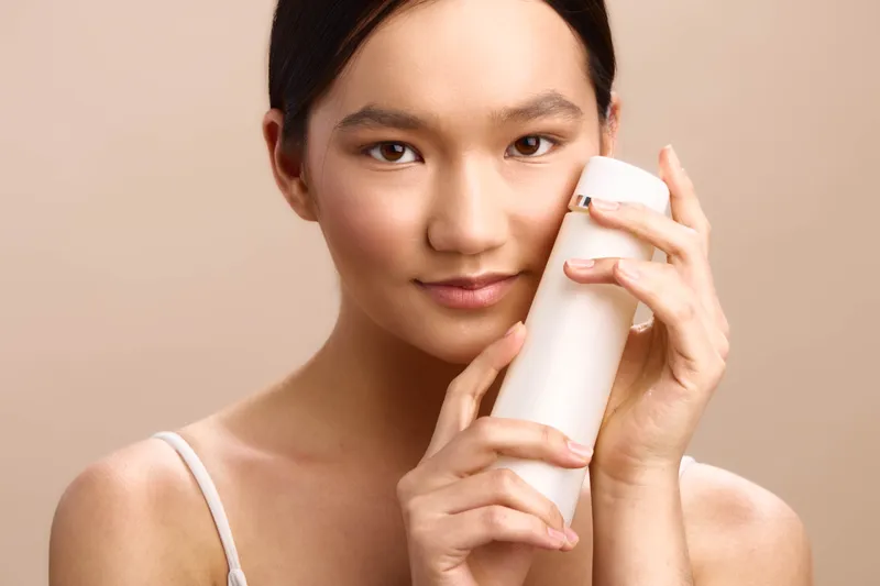 asian woman holds a white cosmetic bottle in a bright minimalist studio, smiling softly as she demonstrates a skincare routine with confident, refreshed appeal.