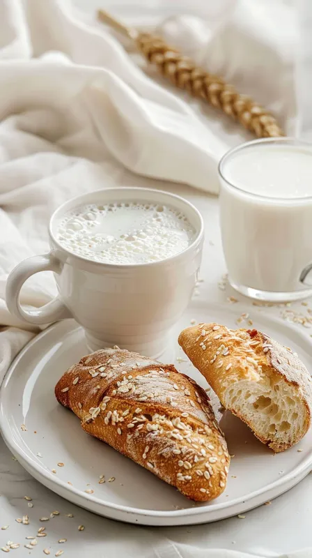 Вкусные круассаны с овсом, поданные на тарелке вместе с чашками молока