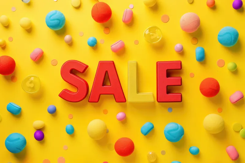 Концепция трехмерного фото: разноцветные конфеты sale на желтом фоне для сладких угощений и особых случаев