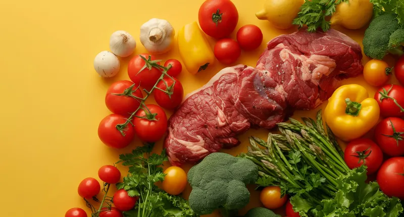 Свежее сырое мясо и красочные овощи, выложенные на желтом фоне, вид сверху, плоская композиция с большим количеством свободного пространства