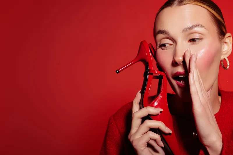 Woman in red sweater holds red high heel shoe near her face, whispering with surprised expression on red background. Concept of fashion, style, communication, and beauty.