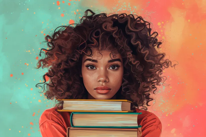 Красивая женщина с вьющимися волосами держит стопку книг перед лицом в библиотечной обстановке