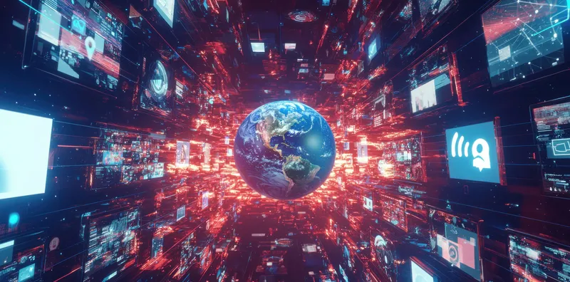 Этот захватывающий визуальный образ демонстрирует Землю среди цифровых сетей, подчеркивая глобальную связь и технологический прогресс