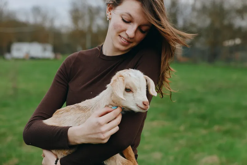 Lifestyle moment of a woman gently holding a goat kid in a field, warm natural light, casual attire, peaceful outdoor scene, connection with animals, soft rural mood